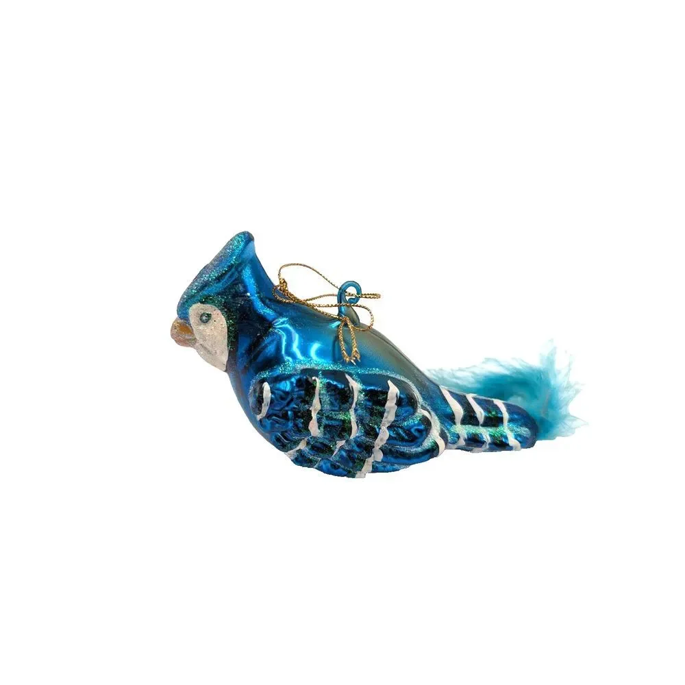 Blue‎ Bird Ornament w/Feathers Blown Glass Decorative